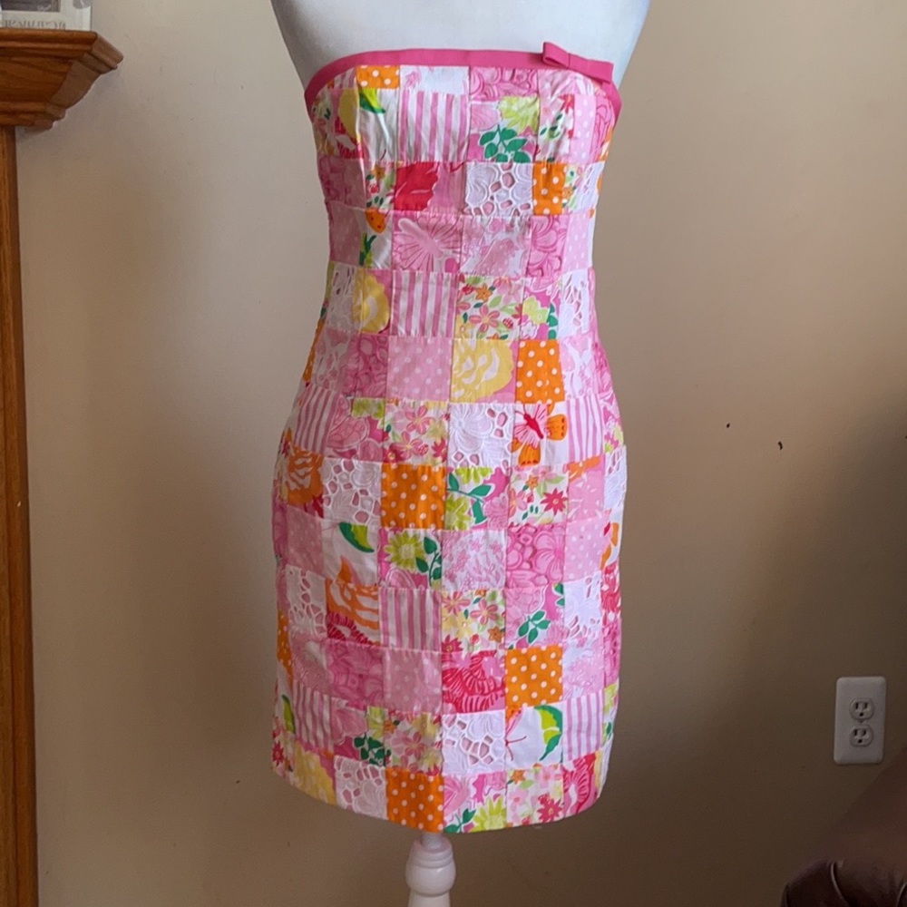 Lilly Pulitzer Pink Orange Yellow Patchwork Strapless Dress - Picture 10 of 11